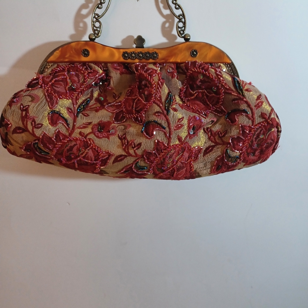 1960s Art Deco Beaded Silk Blend Floral Purse Clutch Shoulder Crossbody